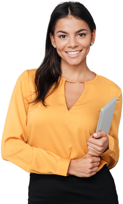 Happy substitute teacher young woman holding tablet in front of faded middle school classroom background