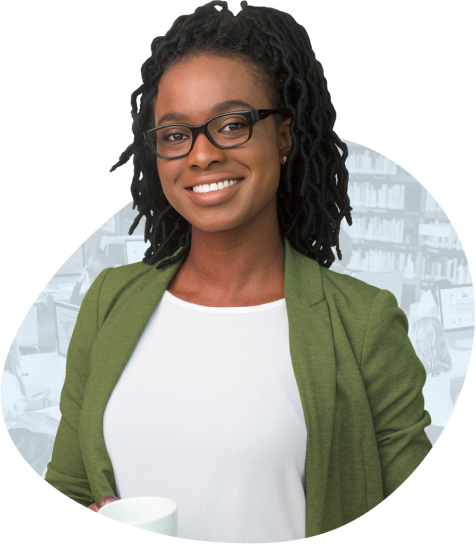Professional substitute teacher young woman holding a coffee mug in front of a faded school media center background