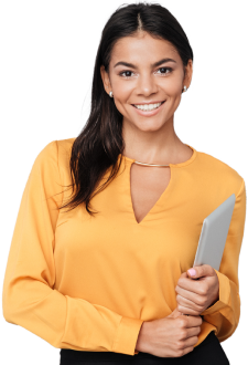 Happy substitute teacher young woman holding tablet in front of faded middle school classroom background