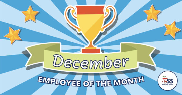 Striped background with stars along with a trophy and a banner announcing the December employees of the month