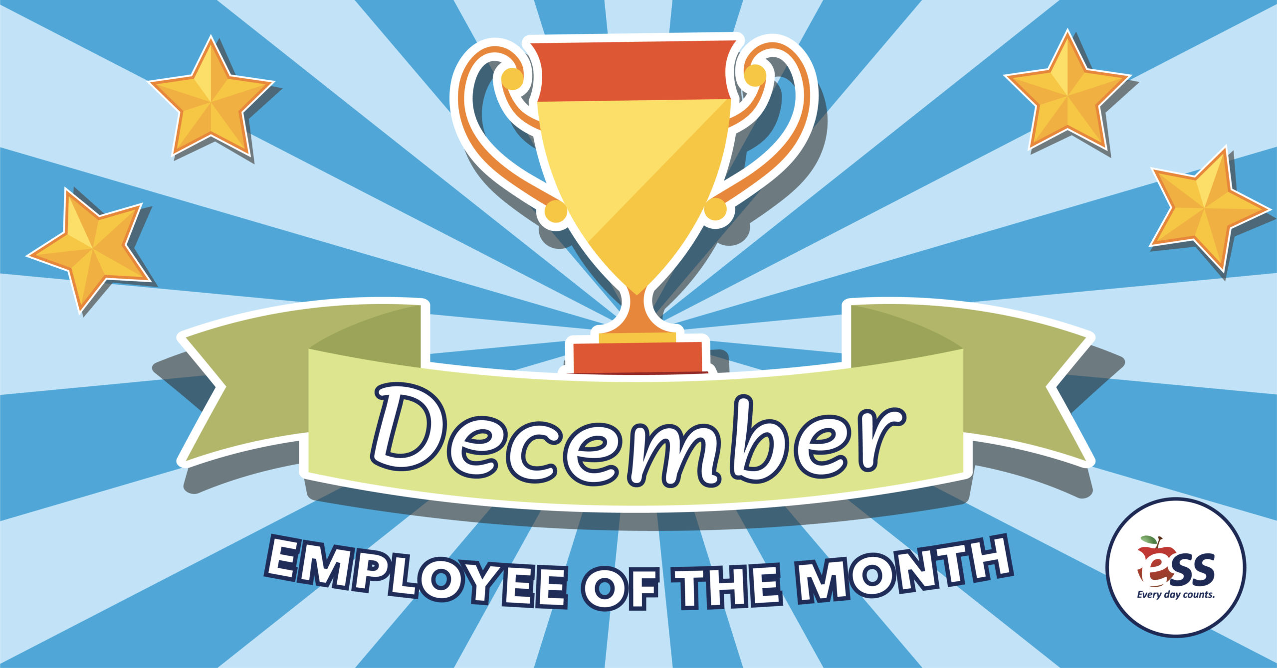 Striped background with stars along with a trophy and a banner announcing the December employees of the month