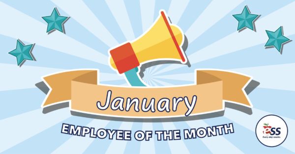 Striped background with stars along with a trophy and a banner announcing the January employees of the month