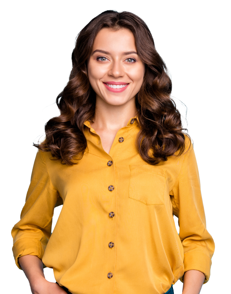 Joyful young woman substitute teacher in front of a faded background of a middle school classroom with students raising their hands