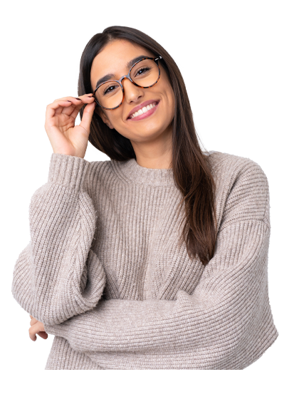 Cheerful young woman guest teacher adjusting her glasses in front of a faded classroom background with high school students