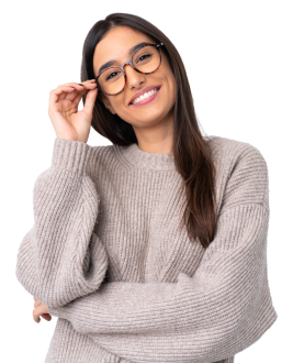 Cheerful young woman guest teacher adjusting her glasses in front of a faded classroom background with high school students