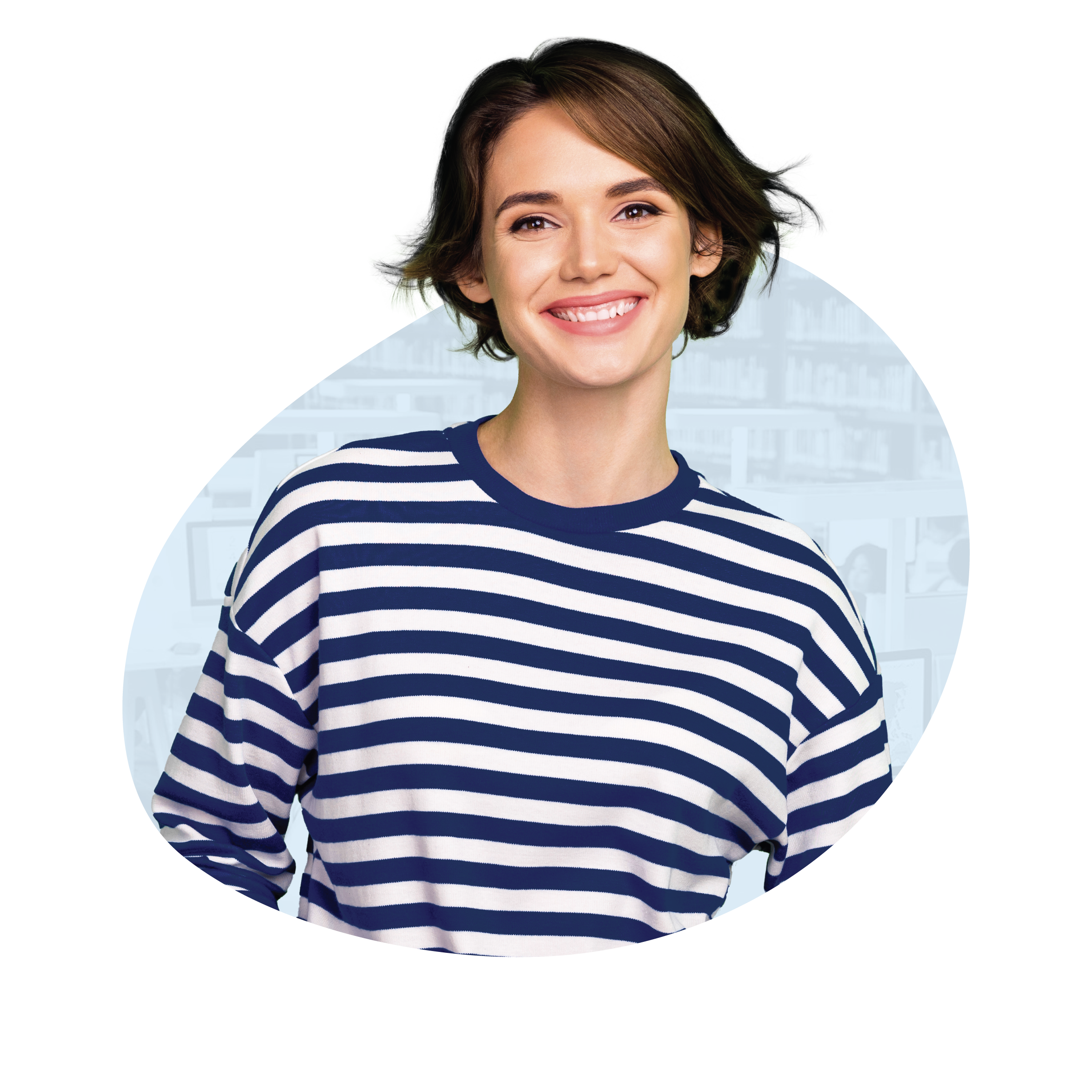 Excited young woman substitute teacher in striped shirt in front of a circular faded school library background