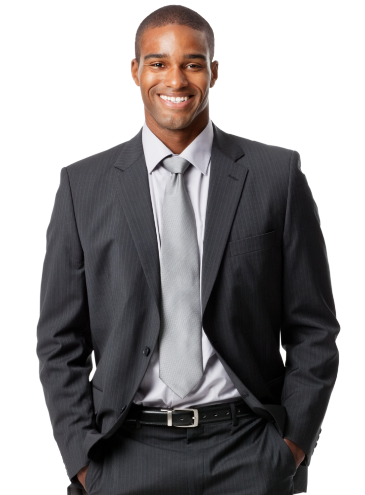 Satisfied school business administrator young man in suit and tie