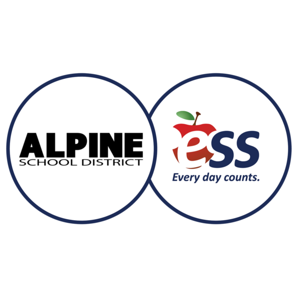 Alpine School District and ESS logos in dual white circles with a navy outline