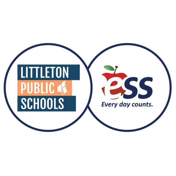 Littleton Public Schools and ESS logos in dual white circles with a navy outline