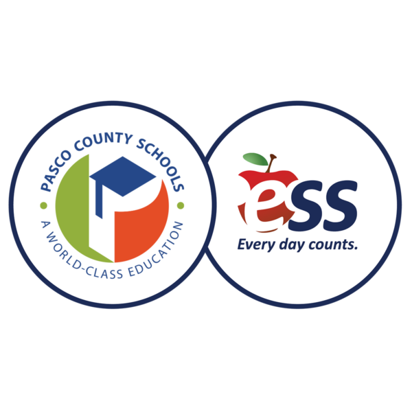 Pasco County Schools and ESS logos in dual white circles with a navy outline