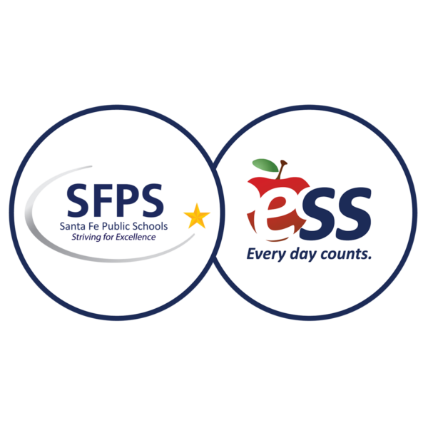 Santa Fe Public Schools and ESS logos in dual white circles with a navy outline