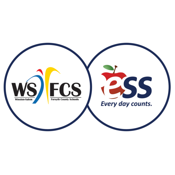 Winston-Salem/Forsyth County Schools and ESS logos in dual white circles with a navy outline