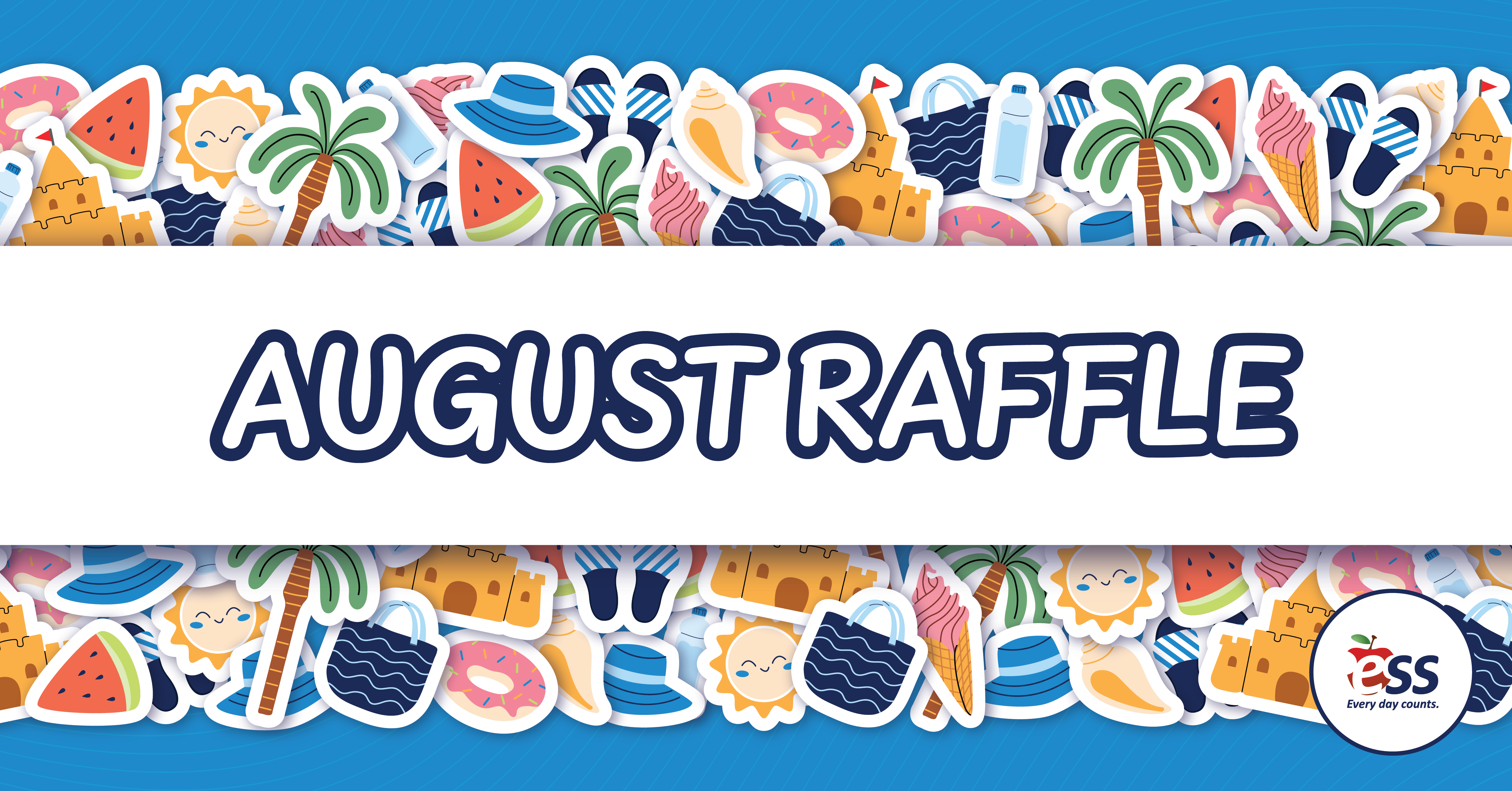 Image of a collection of colorful stickers in various shapes and sizes, featuring fun designs of summer items as we gear up for back to school for our August raffle