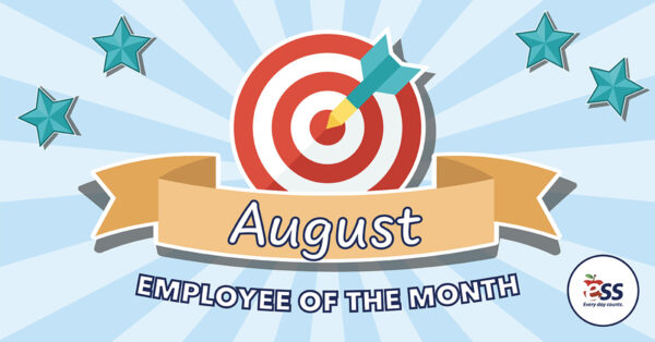 Striped background with stars along with a target and banner announcing the August employees of the month