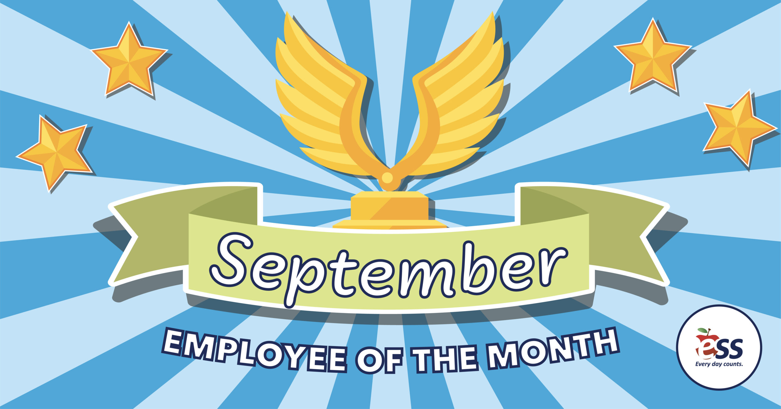 Striped background with stars along with a winged trophy and a banner announcing the September employees of the month