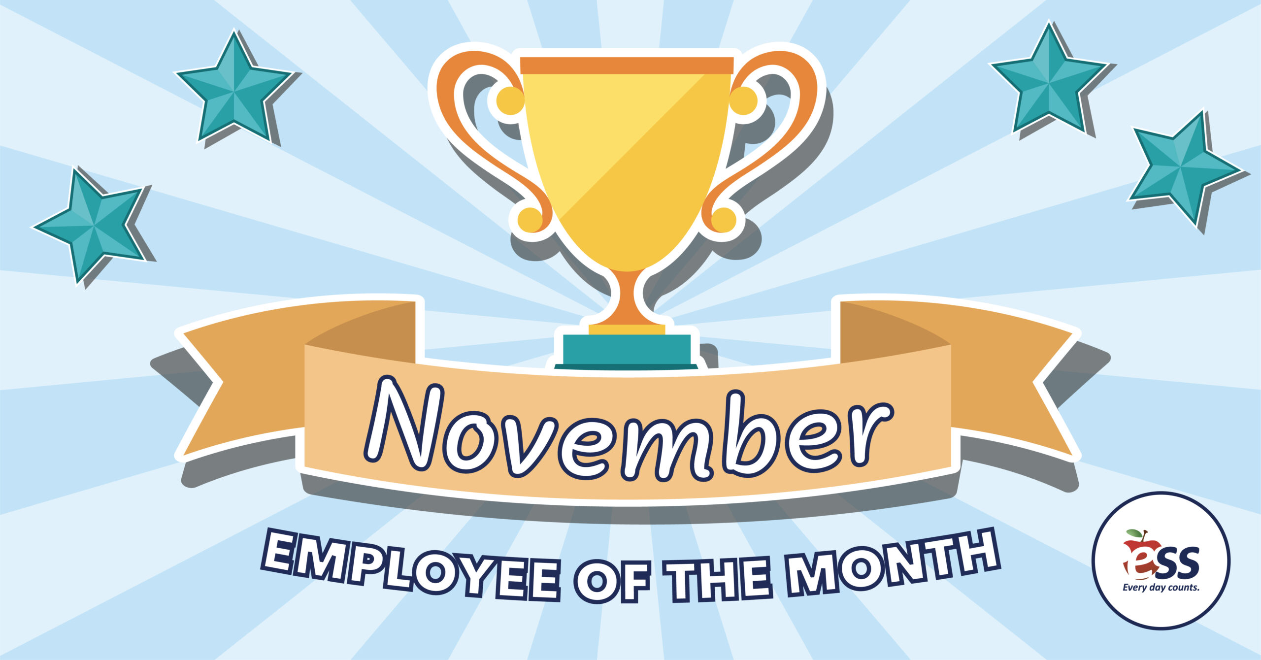 Striped background with stars along with a trophy and a banner announcing the November employees of the month