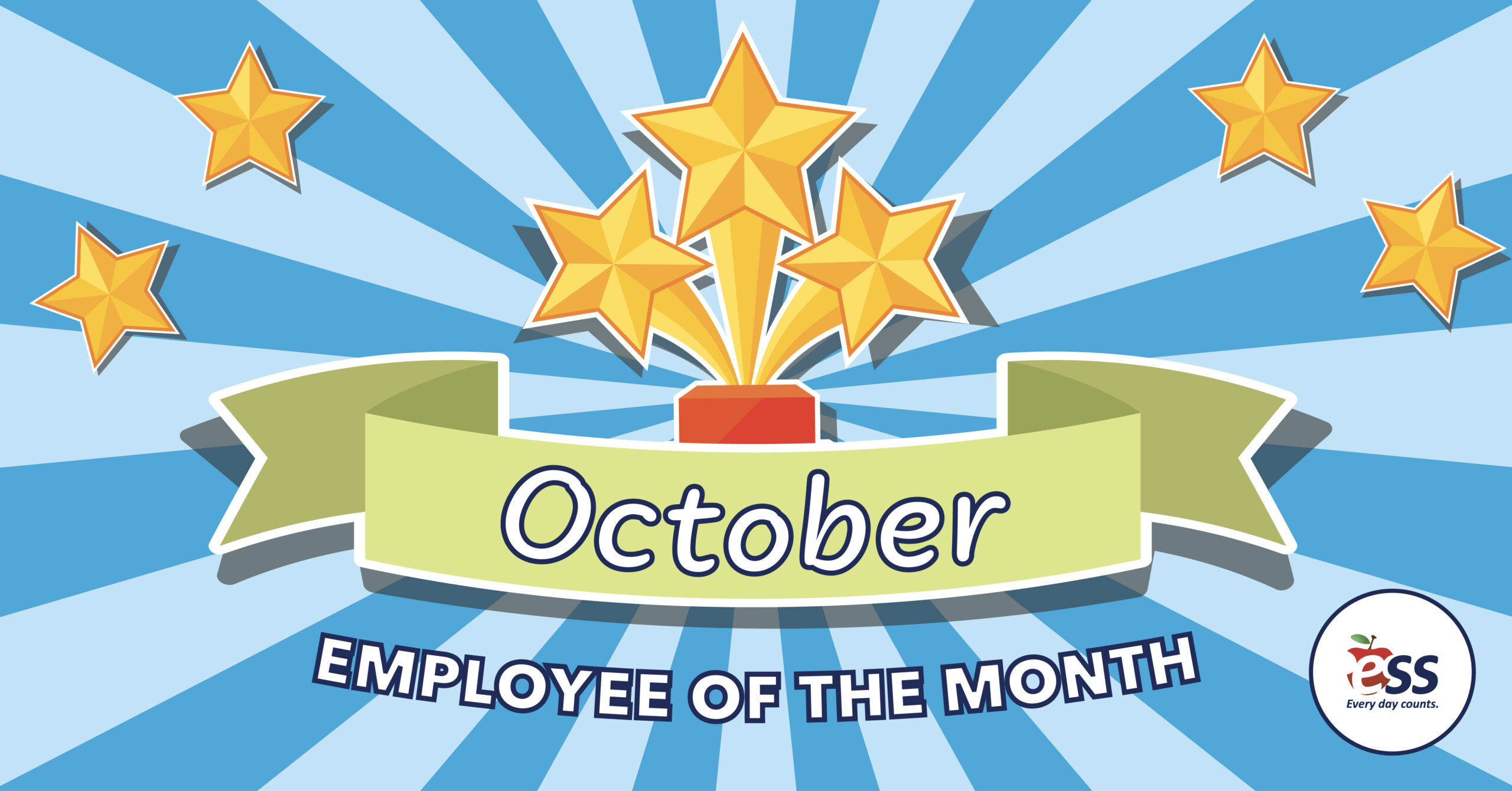 Striped background with stars along with a three-star trophy and a banner announcing the October employees of the month