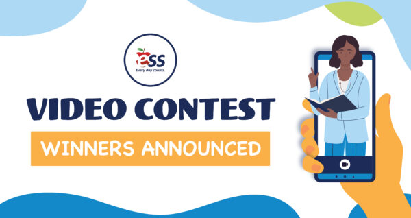 Graphic announcing the video contest winners by ESS for employees who shared their story. On the right side, there is an illustration of a person holding a smartphone, with the screen showing a teacher holding a book and raising a finger as if making a point. The background features abstract shapes in blue, light blue, and green.