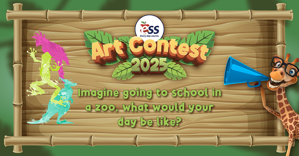 ESS art contest 2025 banner with the theme "Imagine going to school in a zoo." Features colorful animal silhouettes and a giraffe holding a megaphone.