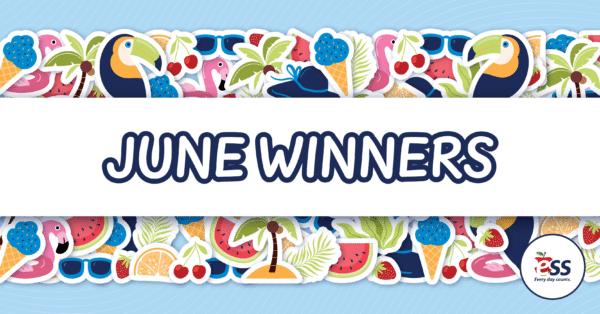 Graphic announcing the June raffle winners for ESS that showcase stickers that are summer themed with toucans, ice cream, flamingos, palm trees, cherries, watermelon slices, orange slices, summer hats and pal leaves.