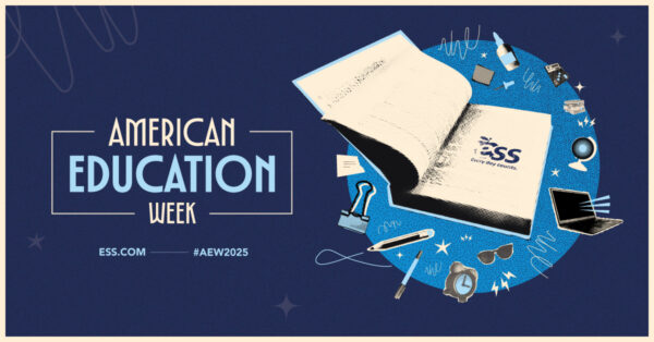 Graphic for American Education Week 2025 by ESS, featuring the ESS logo and tagline 'Every day counts.' A 3D illustration of a book with school supplies surrounding the book. a graduation. The text 'American Education Week' is displayed prominently in cream and light blue letters. Hashtag #AEW2025 is shown at along with the ESS.com website.