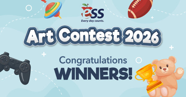 ESS Art Contest 2026 banner with playful illustrations (toy top, football, game controller, teddy bear with trophy) and the text ‘Congratulations Winners!’ on a light blue background.