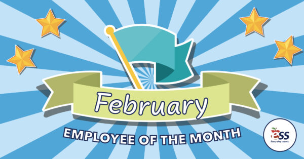 Striped background with stars along with a flag and a banner announcing the February employees of the month
