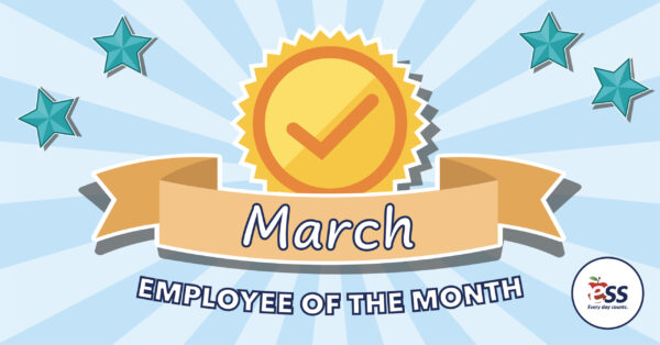 Striped background with stars along with a medal and a check mark and a banner announcing the March employees of the month